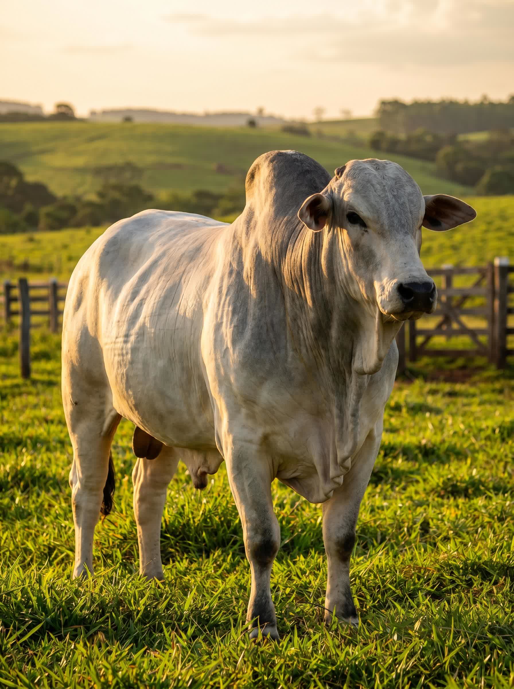 Boi nelore terminado, pesado e musculoso, em pasto verde ao entardecer