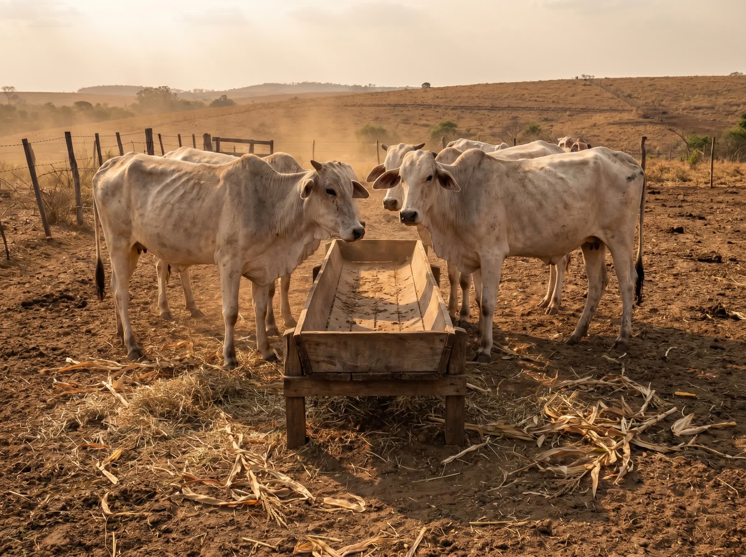 Gado magro próximo a cocho quase vazio, ganho de peso lento