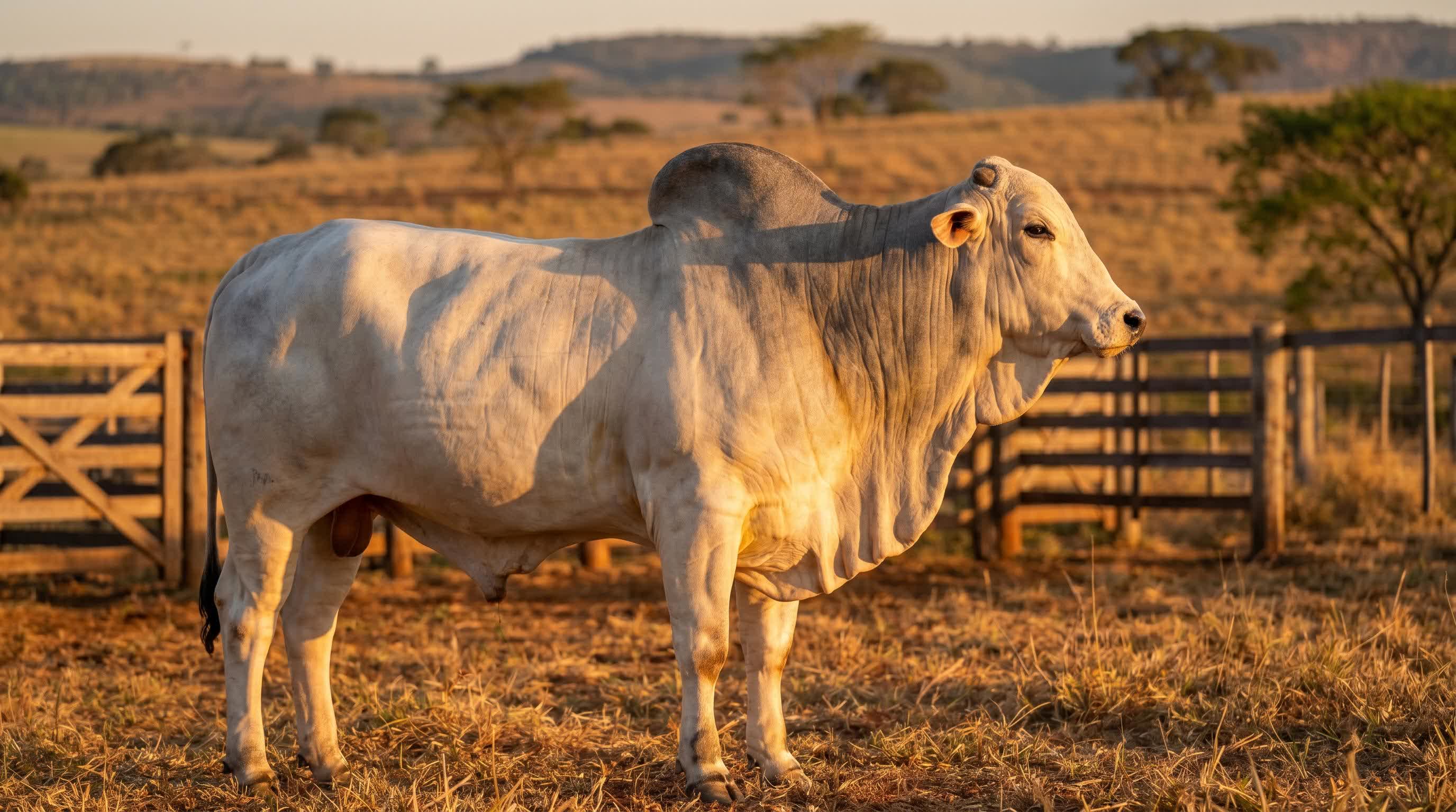 Touro Nelore de corte bem terminado em pasto brasileiro ao entardecer