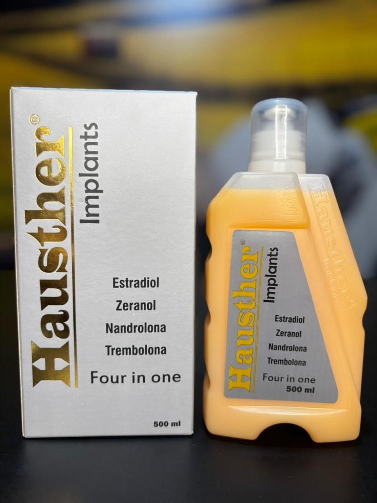 Caixa e frasco do Hausther Implants 500 ml (Estradiol, Zeranol, Nandrolona, Trembolona)