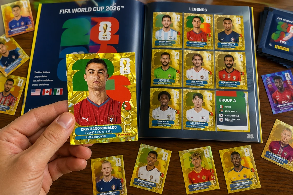 Figurinha de uma Legend ouro segurada na mão, com o álbum da Copa 2026 aberto ao fundo