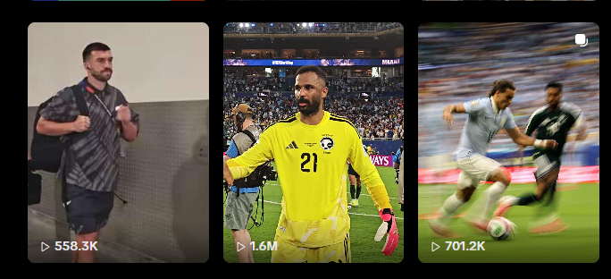 Três cortes verticais de futebol com 558,3 mil, 1,6 milhão e 701,2 mil visualizações